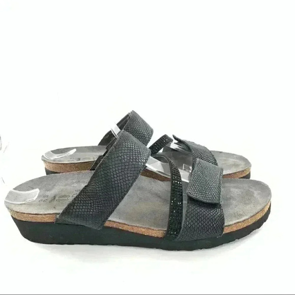 Naot sandals 39 8 black leather snakeskin print sticky strap walking comfort - Picture 1 of 12